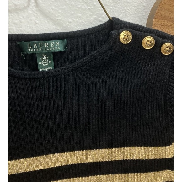 Lauren Ralph Lauren Preppy Sweater Womens Medium Classic Black Gold Stripe - Picture 2 of 14